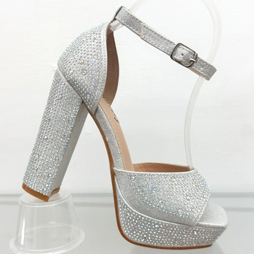 Silver Rhinestones Open Toe Platform Heels